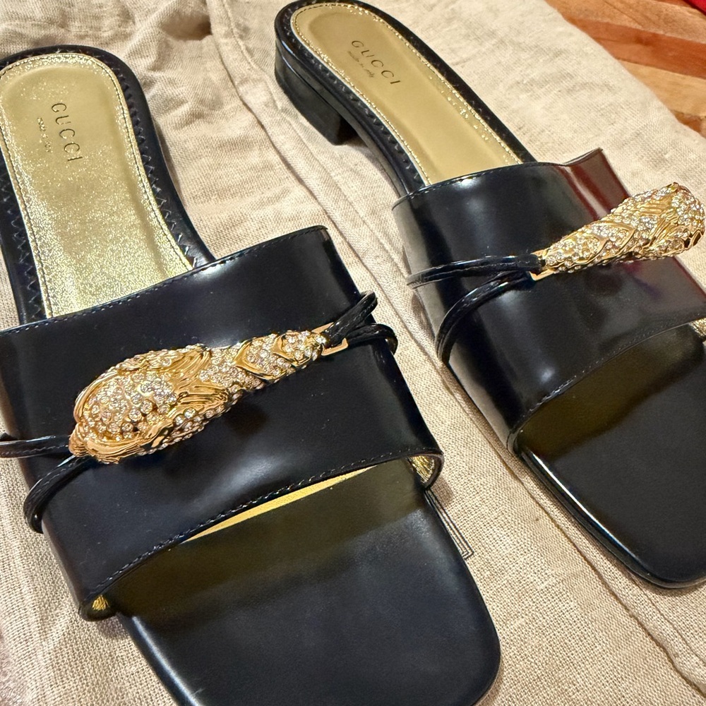 Gucci Black Leather Slide Mules with Gold Embellished Accent